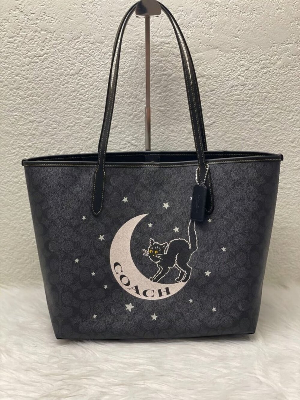 COACH Halloween Black Cat Moon Signature City Tote Bag